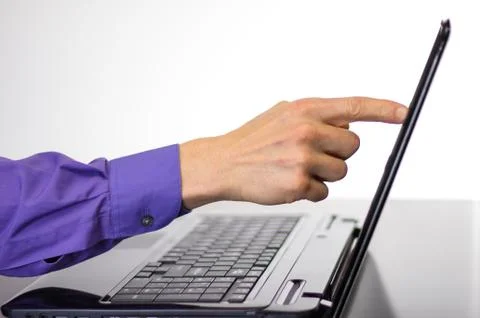 Pointing at Laptop Computer Display Screen Stock Photos