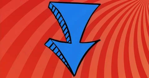 Pointing large blue stylized arrow over red radial backdrop, with black outline Ilustración de archivo