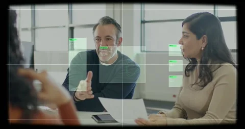 Pointing man dark-shirt and woman beige-shirt scanning printed document at Stock Footage 332468014