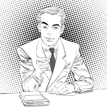Pointing man, pop art halftone black and white background Stock Illustration
