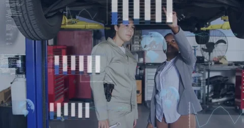 Pointing manager in blazer and coverall-clad mechanic checking vehicle on lift, Stock Footage 334034610