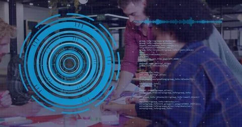 Pointing office professionals analyzing documents, markers at conference table, Stockfoto's