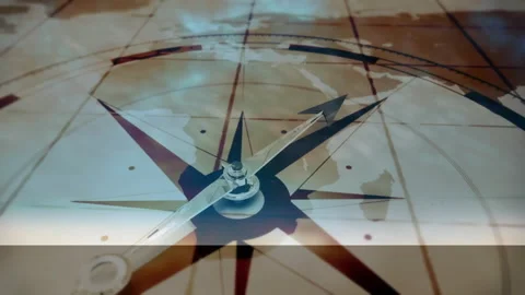 Pointing over vintage map, compass needle showing direction in navigation theme Stock Footage 305065526