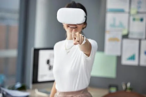 Pointing, overlay or woman developer with vr headset for web design project for 写真素材