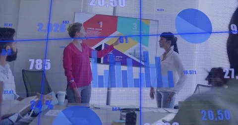 Pointing presenter in red blouse highlighting yellow segment on screen at Foto stock