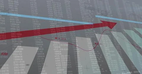 Pointing red diagonal arrow and curved trend line rising across data display Stock Illustration