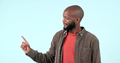 Pointing, refuse or face of black man in studio for feedback opinion, bad review Stock Footage 250093021