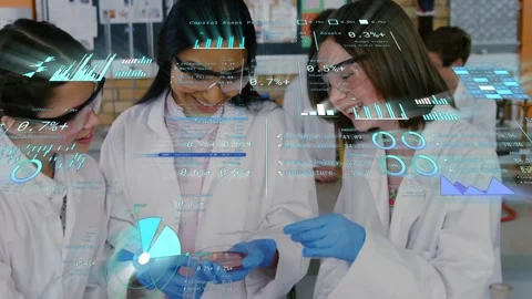 Pointing to sample, three students pipetting into vial while lab charts floating Stock Footage 334371941
