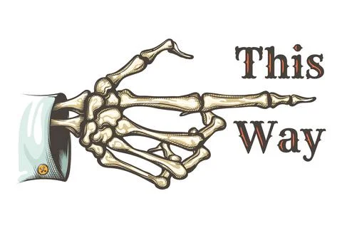 Pointing Skeleton Hand with Wording This Way Engraving Tattoo Stock Illustration