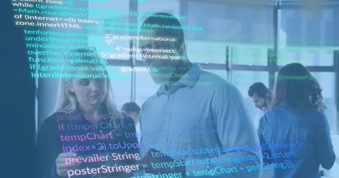 Pointing tablet screen initiating scrolling code overlay, man and woman Stock Footage 318046494