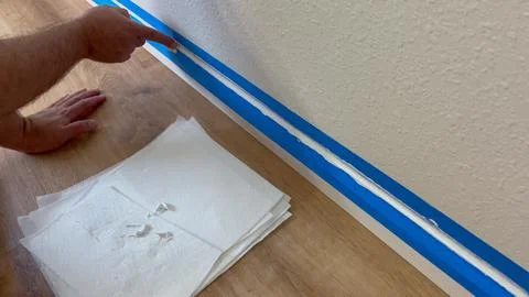 Pointing at taped wall for paint prep Stock Photos