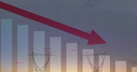 Pointing thick red diagonal arrow slicing through dusk horizon over pylons, Stock Photos