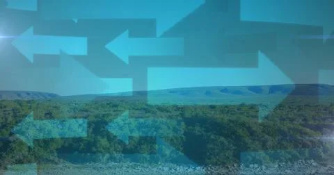 Pointing translucent blue arrow icons overlaying riverbed hills below sky, Stock Illustration
