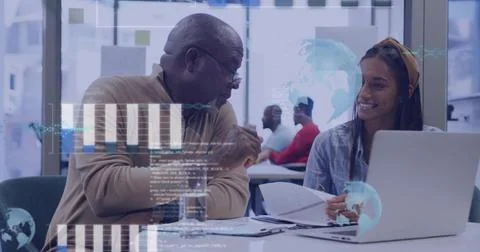 Pointing tutor in sweater showing data to woman with diverse roots with laptop, Stock Photos