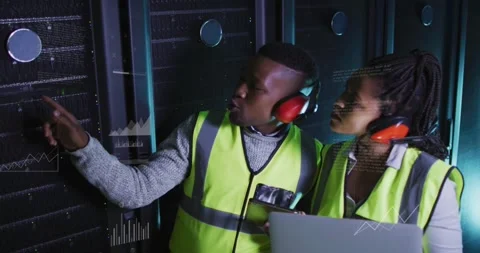 Pointing two techs checking rack in data center with laptop safety vests red Stock Footage 331615338