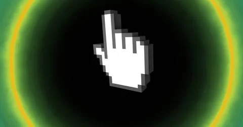 Pointing white hand cursor icon on digital screen, with glowing gradient halo Foto stock
