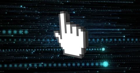 Pointing white pixel hand cursor gesturing upward on dark virtual field with Foto stock