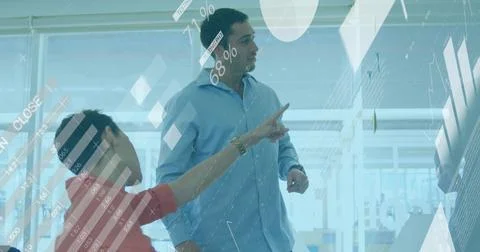 Pointing woman red-top and man blue-shirt discussing percent overlays on Stock Photos