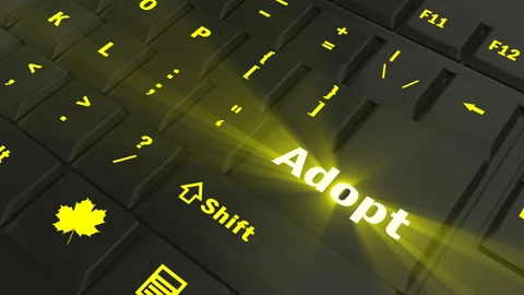 Pointing on yellow glowing Adopt key Stock Footage 100607188