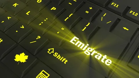 Pointing on yellow glowing Emigrate key Stock Footage 100635566
