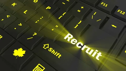 Pointing on yellow glowing Recruit key Stock Footage 100562000
