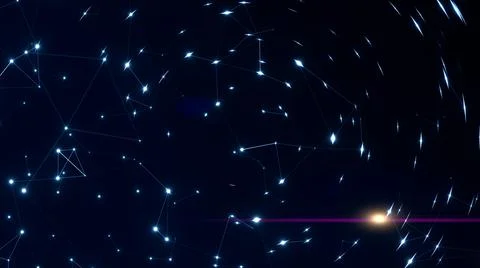 Points connected by lines in black space with lens glare - technological Stock Illustration