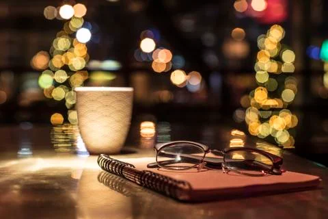 Points notebook and cup of coffee Stock Photos