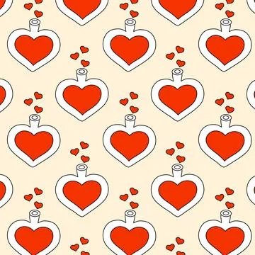 Poison bottle seamless pattern. Heart shaped vessel. Witchcraft. Stock Illustration