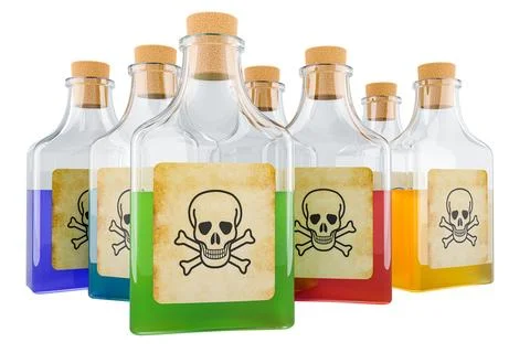 Poison bottles with colored liquid. 3D rendering Illustrazione stock