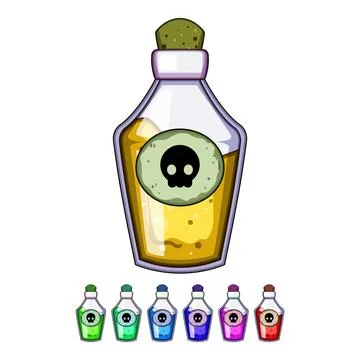 Poison potion bottle with skull label containing red liquid Stock Illustration