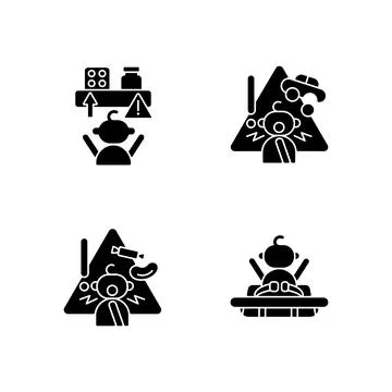 Poisoning and suffocation prevention black glyph icons set on white space Stock Illustration