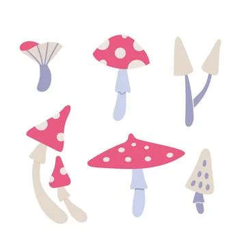 Poisonous mushrooms, toadstools, fly agaric, cartoon style. Trendy modern v.. Stock Illustration