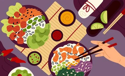 Poke bowl table. Top view serving, hand with chopsticks, asian healthy food Stock Illustration