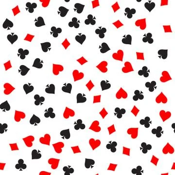 Poker card suit seamless pattern background. Black spades and clubs. Red hearts Stock Illustration
