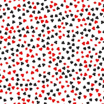 Poker card suit seamless pattern background. Black spades and clubs. Red hearts Stock Illustration