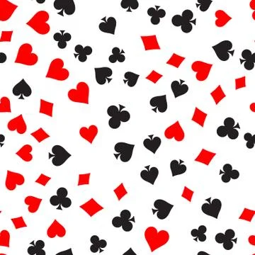 Poker card suit seamless pattern background. Black spades and clubs. Red hearts Stock Illustration