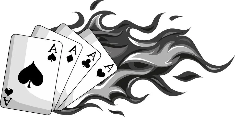 Poker cards aces with flames on white background Stock Illustration