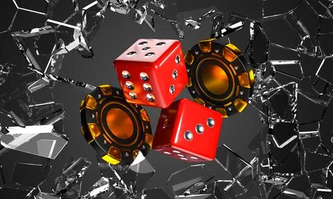 Poker chips and dice with broken glass effect on dark 3d background. Casino game Ilustración de archivo