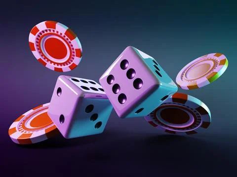 Poker chips and dice roll in neon light on black background. Falling casino game Illustrazione stock