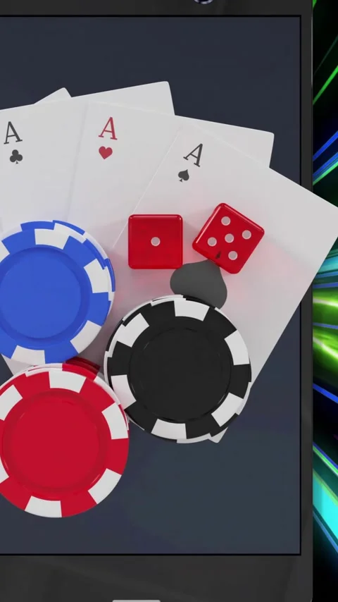Poker chips, dice, and playing cards animation over smartphone with colorful Stock Footage 341956812