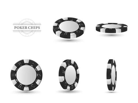 Poker chips in different position. Black chips isolated on light background.  Illustrazione stock