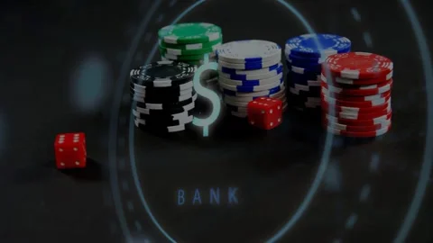Poker chips sitting grouped while red dice rolling in, HUD pulsing, dollar sign Stock Footage 334788131