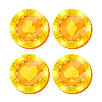 Poker Chips Vector. Card Suits Sign. Flat, Cartoon Set. Game Money. Gold Poker Stock Illustration