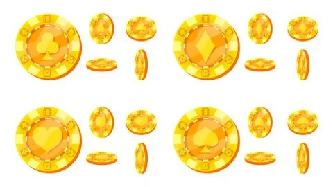 Poker Chips Vector. Card Suits Sign. Flat, Cartoon Set. Gold Poker Game Chips Stock Illustration