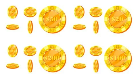 Poker Chips Vector. Flat, Cartoon Set. 20, 50, 100, 200 Dollar Sign. Award Icons Stock Illustration