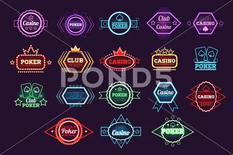 Poker club and casino emblem set, neon light gambling sign vector Illustrations Stock Illustration