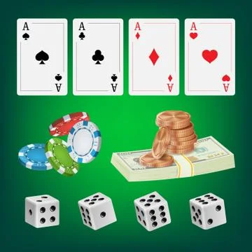 Poker Design Elements Vector. Chips, Money Stacks, Playing Gambling Cards. Royal イラスト素材
