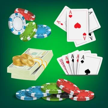 Poker Design Elements Vector. Money Stacks, Chips, Playing Gambling Cards. Royal Illustrazione stock