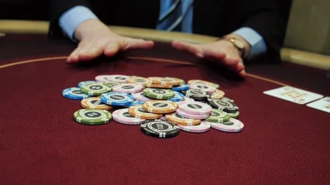Poker player bets all chips he has. Casino gamble. Stock Footage 104863238