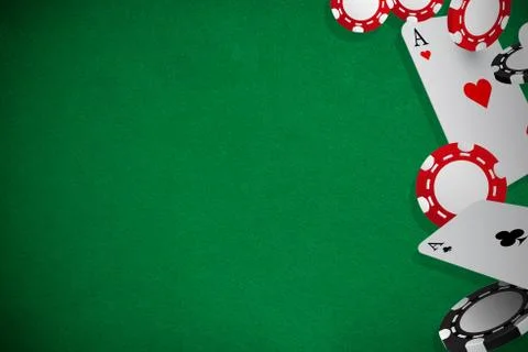 Poker playing cards and chips  green background Stock Photos